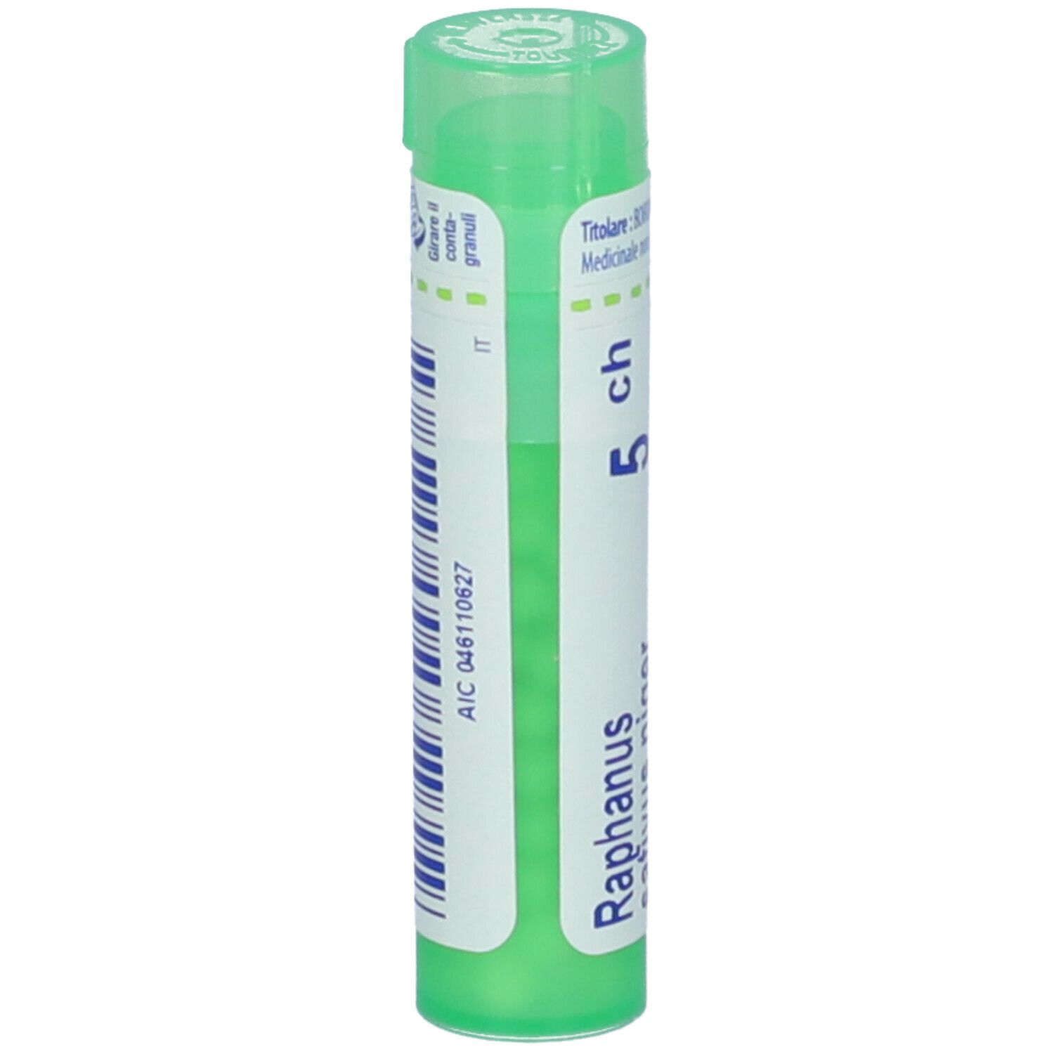 Tubo verde con scritte bianche e codice a barre. Scritte: Raphanus sativus niger 5 ch. BOIRON.