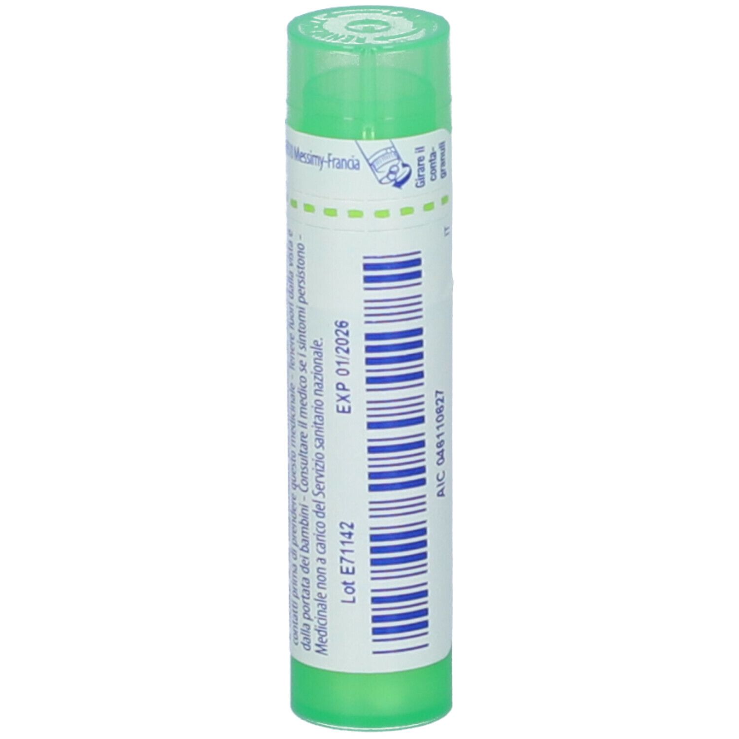Tubo verde con scritte bianche. Scritte: Raphanus sativus niger 5 ch. Scadenza 01/2026.