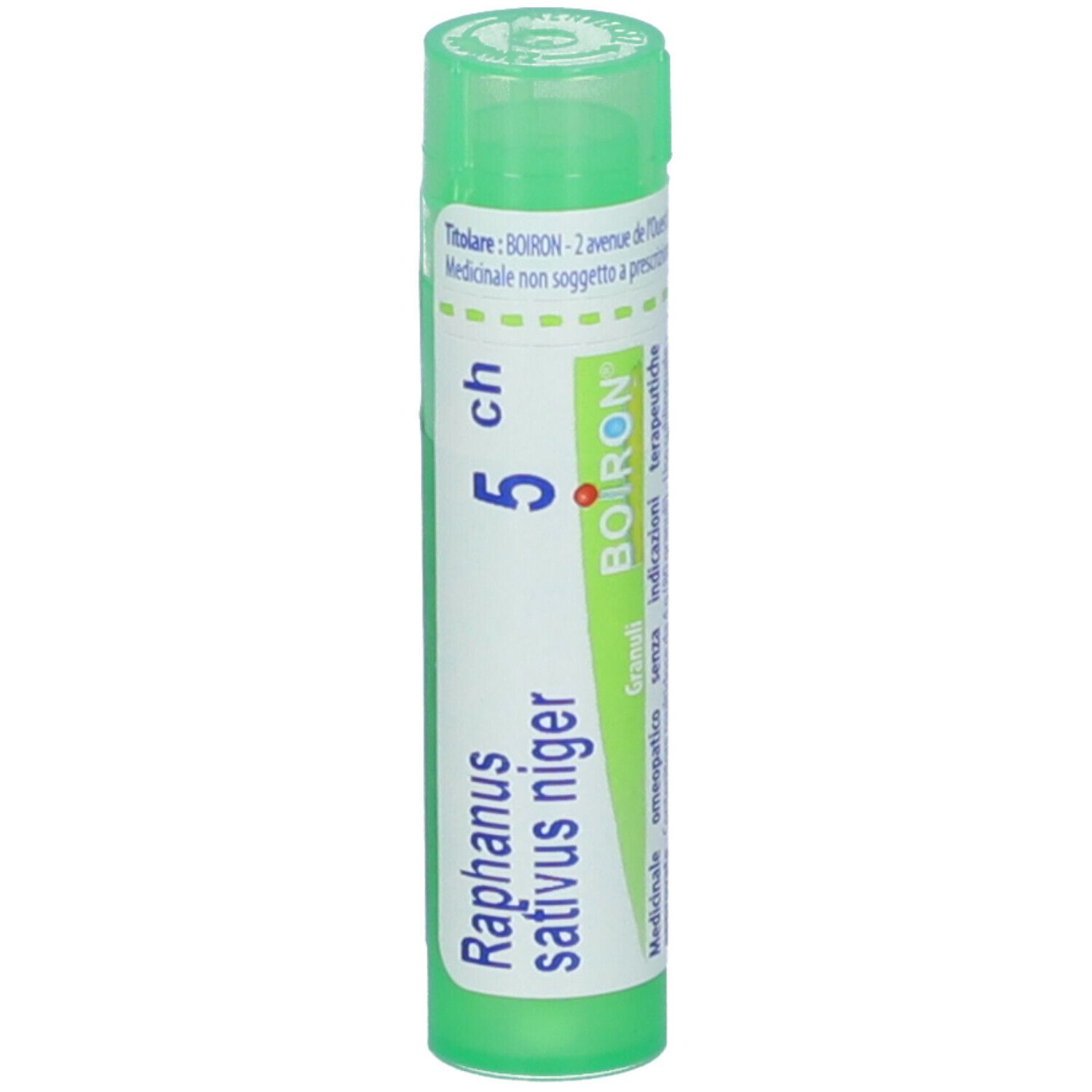 Tubo verde con scritte bianche. Scritte: Raphanus sativus niger 5 ch, BOIRON. Granuli.