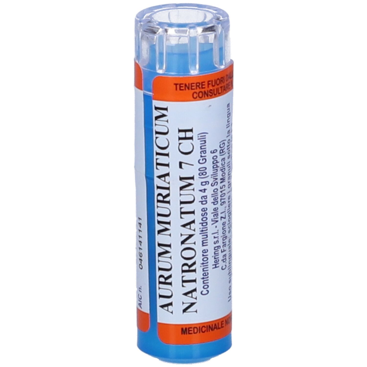 Contenitore cilindrico con base blu e coperchio trasparente. Etichette arancioni e bianche.