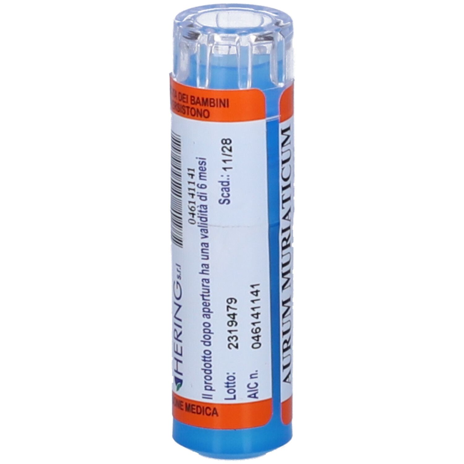 Contenitore cilindrico con base blu e coperchio trasparente. Etichette arancioni e bianche.