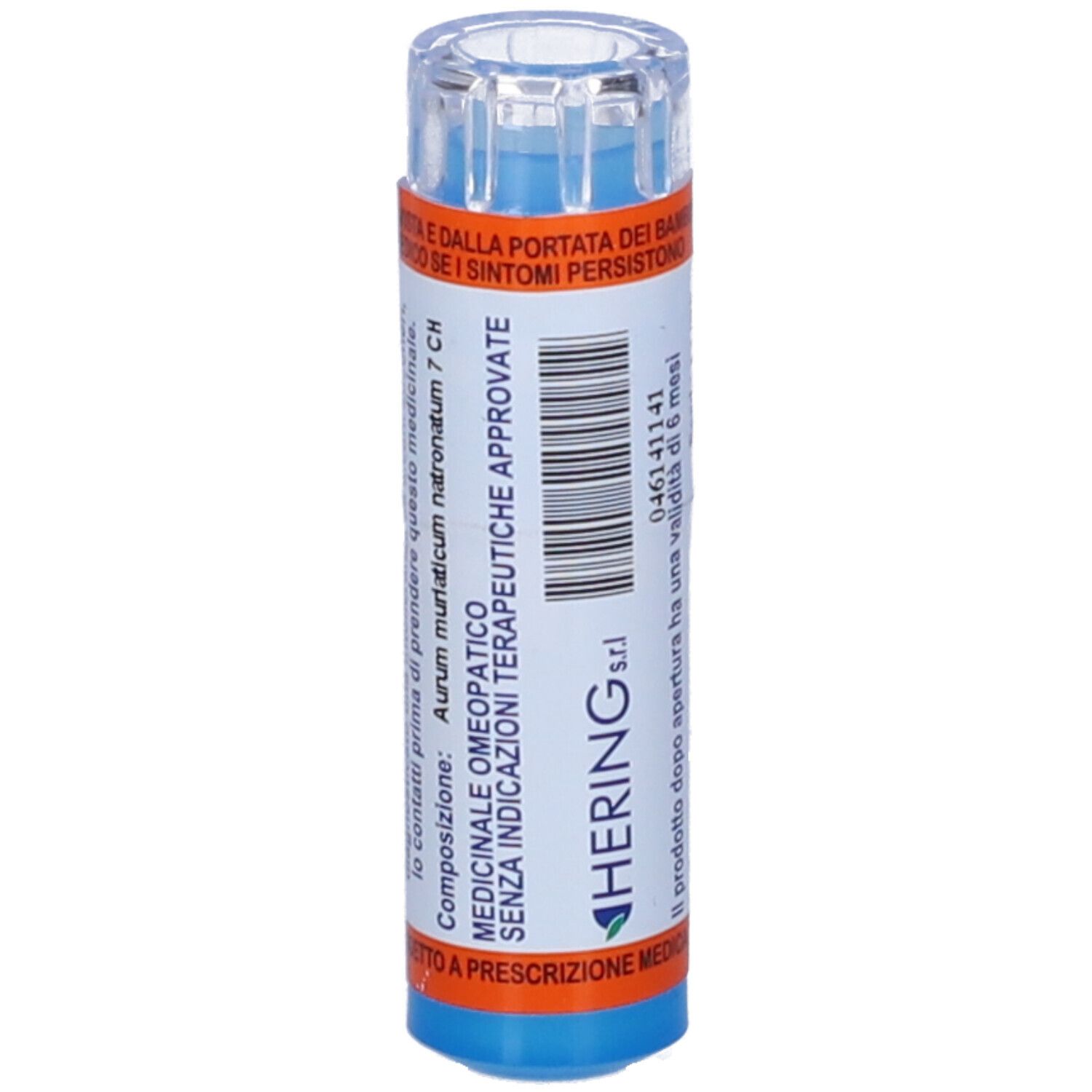 Contenitore cilindrico con base blu e coperchio trasparente. Etichette arancioni e bianche.