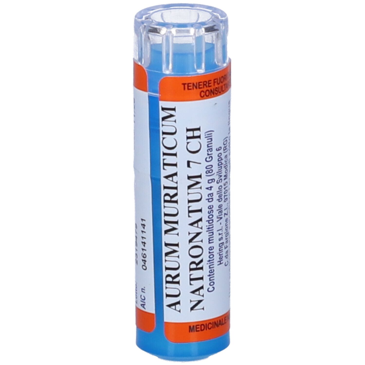 Contenitore cilindrico con base blu e coperchio trasparente. Etichette arancioni e bianche.