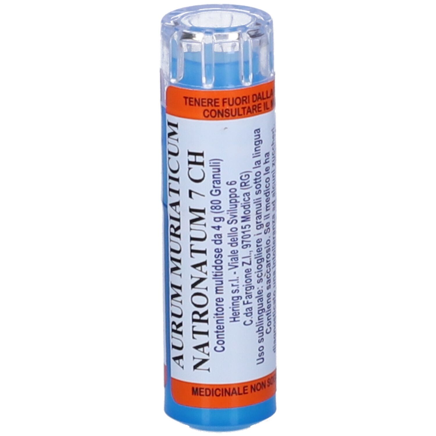 Contenitore cilindrico con base blu e coperchio trasparente. Etichette arancioni e bianche.