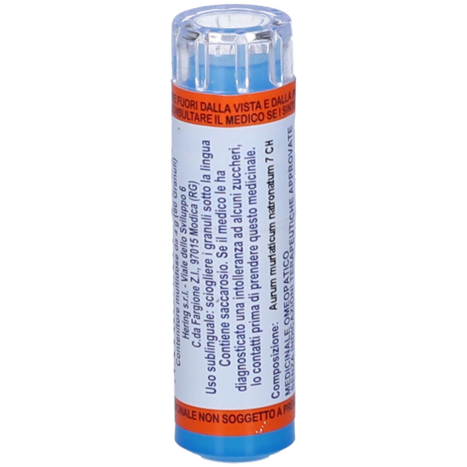 Contenitore cilindrico con base blu e coperchio trasparente. Etichette arancioni e bianche.
