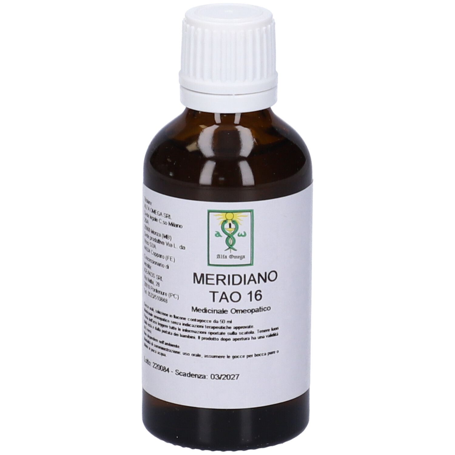 Flacone di vetro marrone con tappo bianco. Etichetta con nome del prodotto e logo. Gocce mediche.