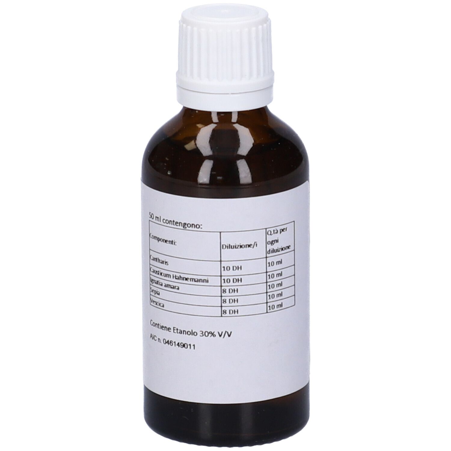 Flacone di vetro marrone con tappo bianco. Etichetta con ingredienti. Gocce mediche.