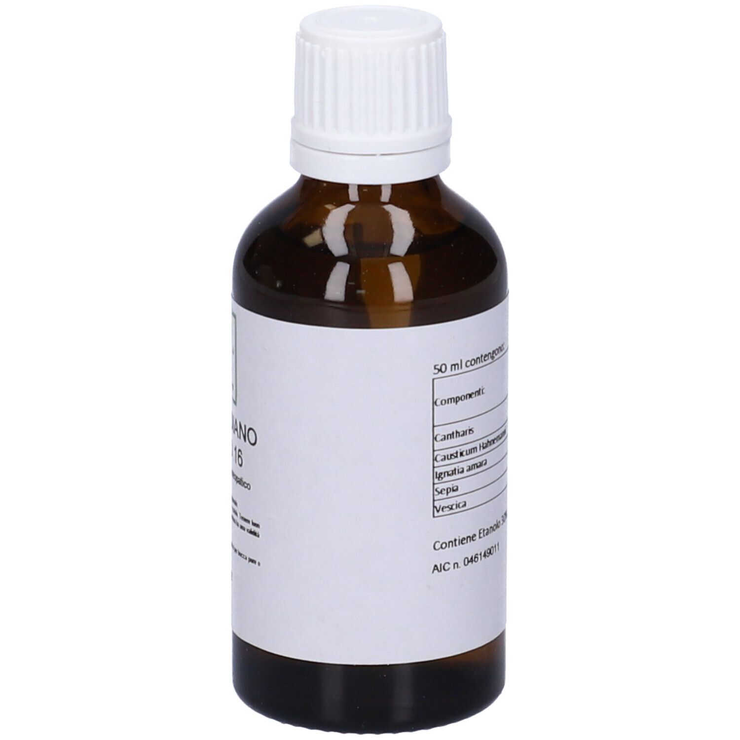 Flacone di vetro marrone con tappo bianco. Etichetta con ingredienti. Gocce mediche.
