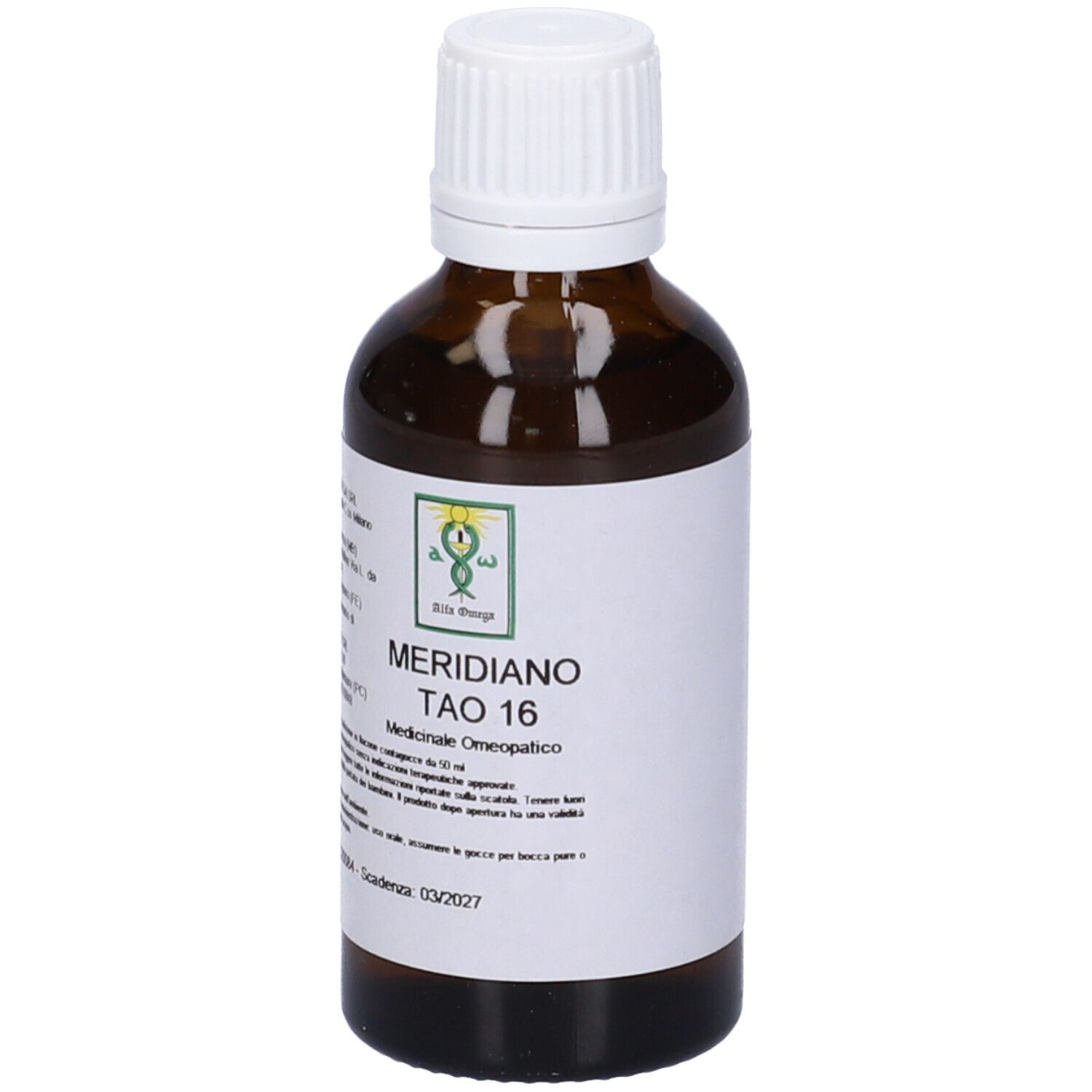 Flacone di vetro marrone con tappo bianco. Etichetta con nome e logo. Gocce mediche.