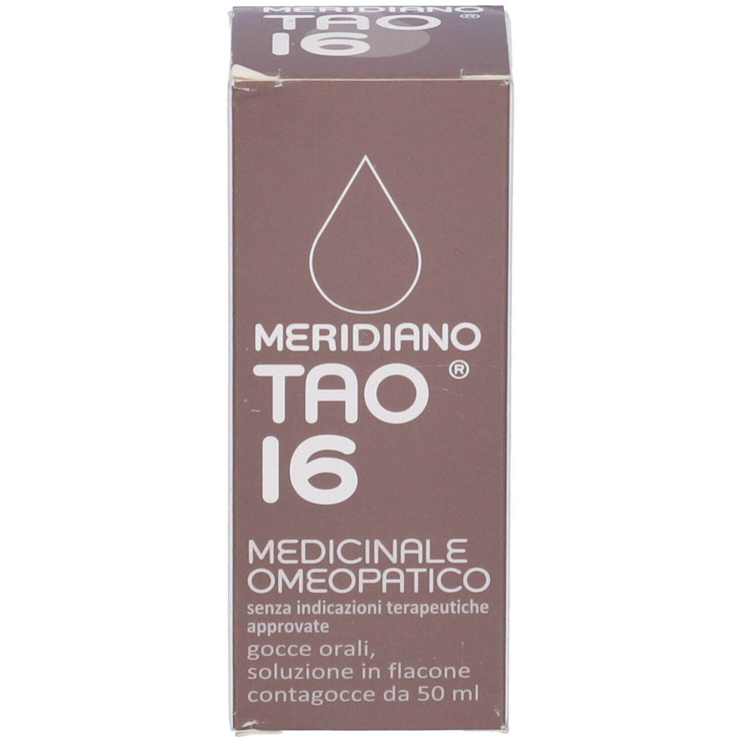 Scatola marrone con nome e informazioni. Gocce mediche. Simbolo goccia.