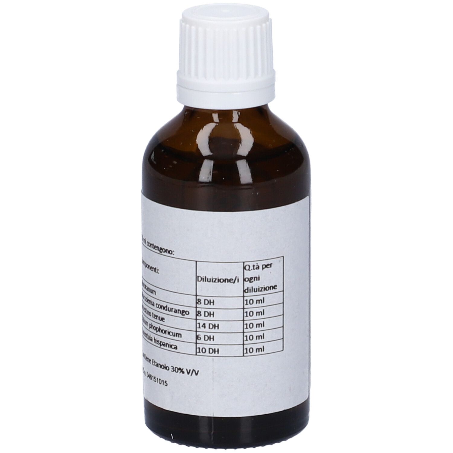 Flacone di vetro marrone con tappo bianco. Etichetta con ingredienti e dosaggio. Flacone contagocce.