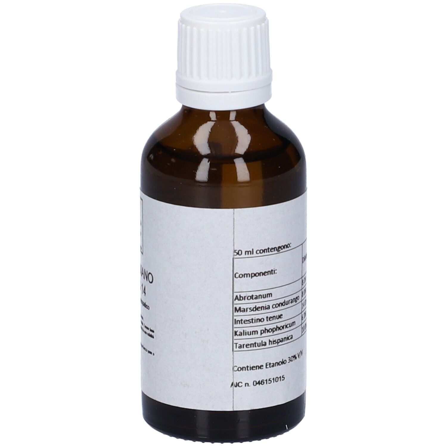 Flacone di vetro marrone con tappo bianco. Etichetta con ingredienti. Flacone contagocce.