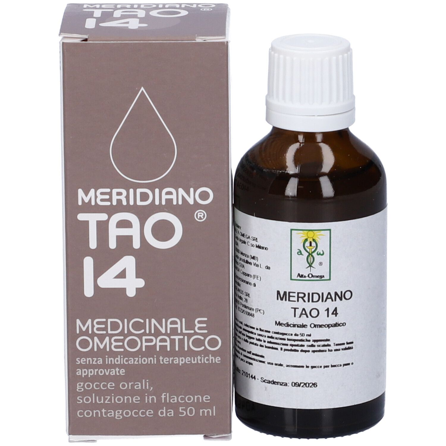 Flacone e confezione del prodotto. Flacone marrone con tappo bianco e scatola di cartone. Flacone contagocce.