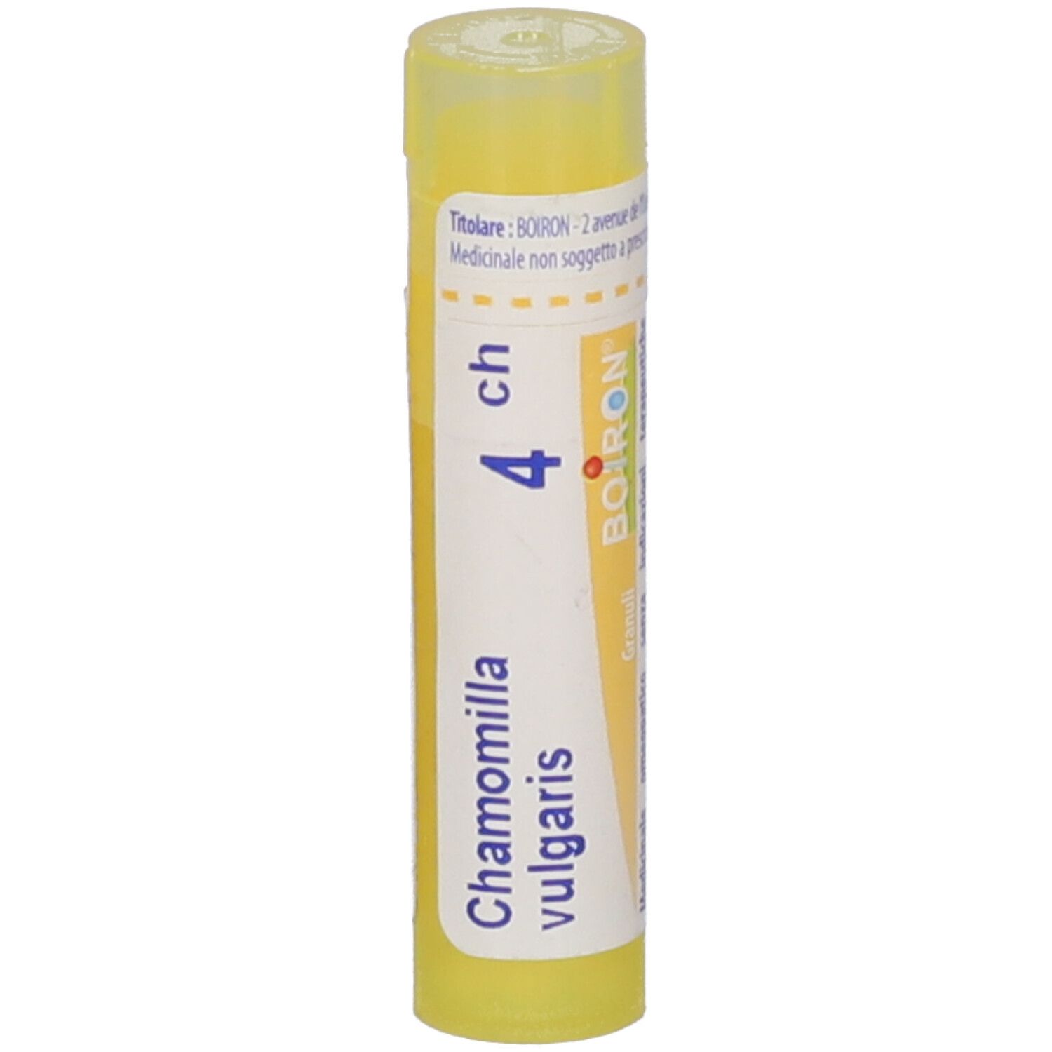 Tubo giallo con granuli. Scritta: Chamomilla vulgaris 4 ch, BOIRON.