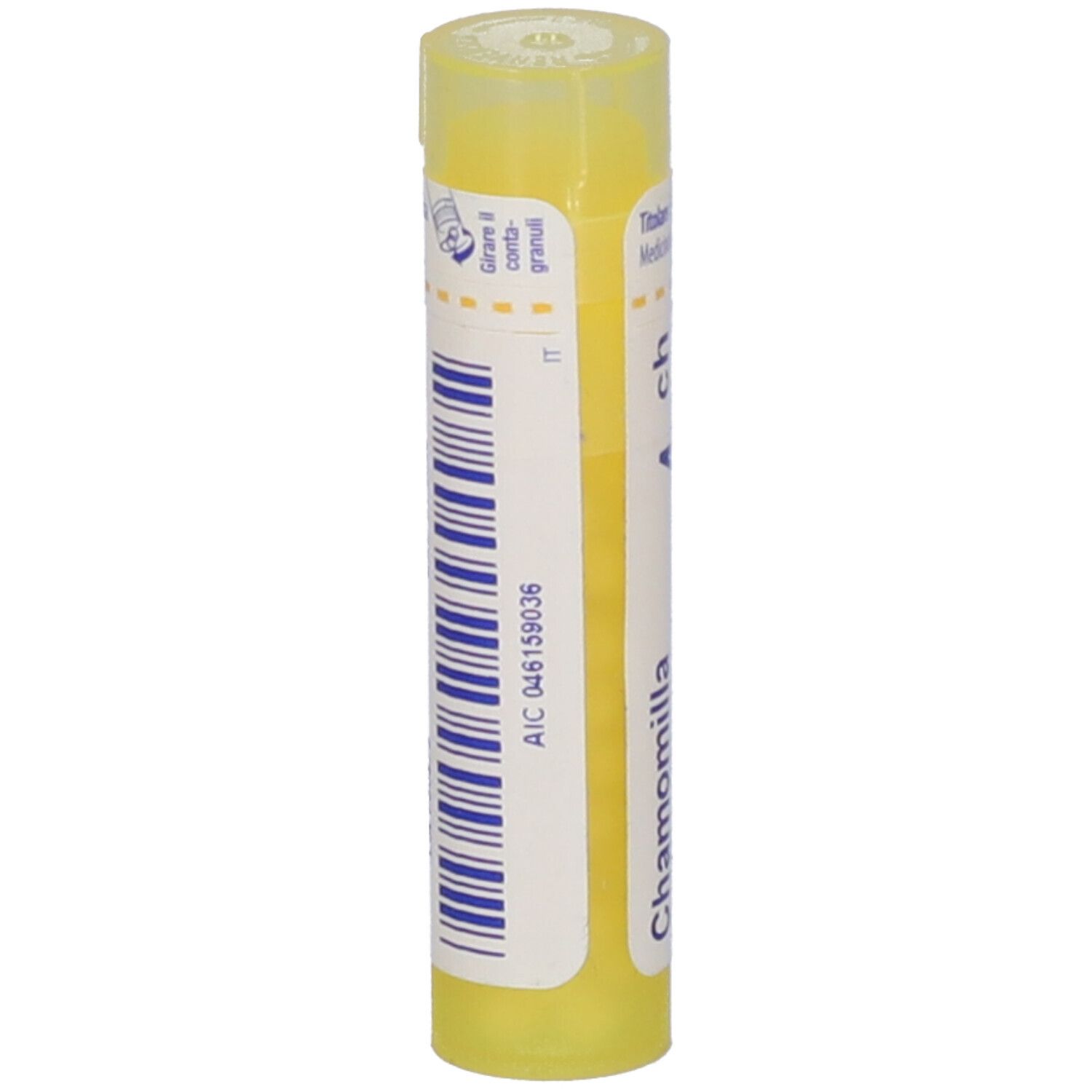 Tubo giallo con granuli. Scritta: Chamomilla, 4 ch. Con codice a barre e IT.
