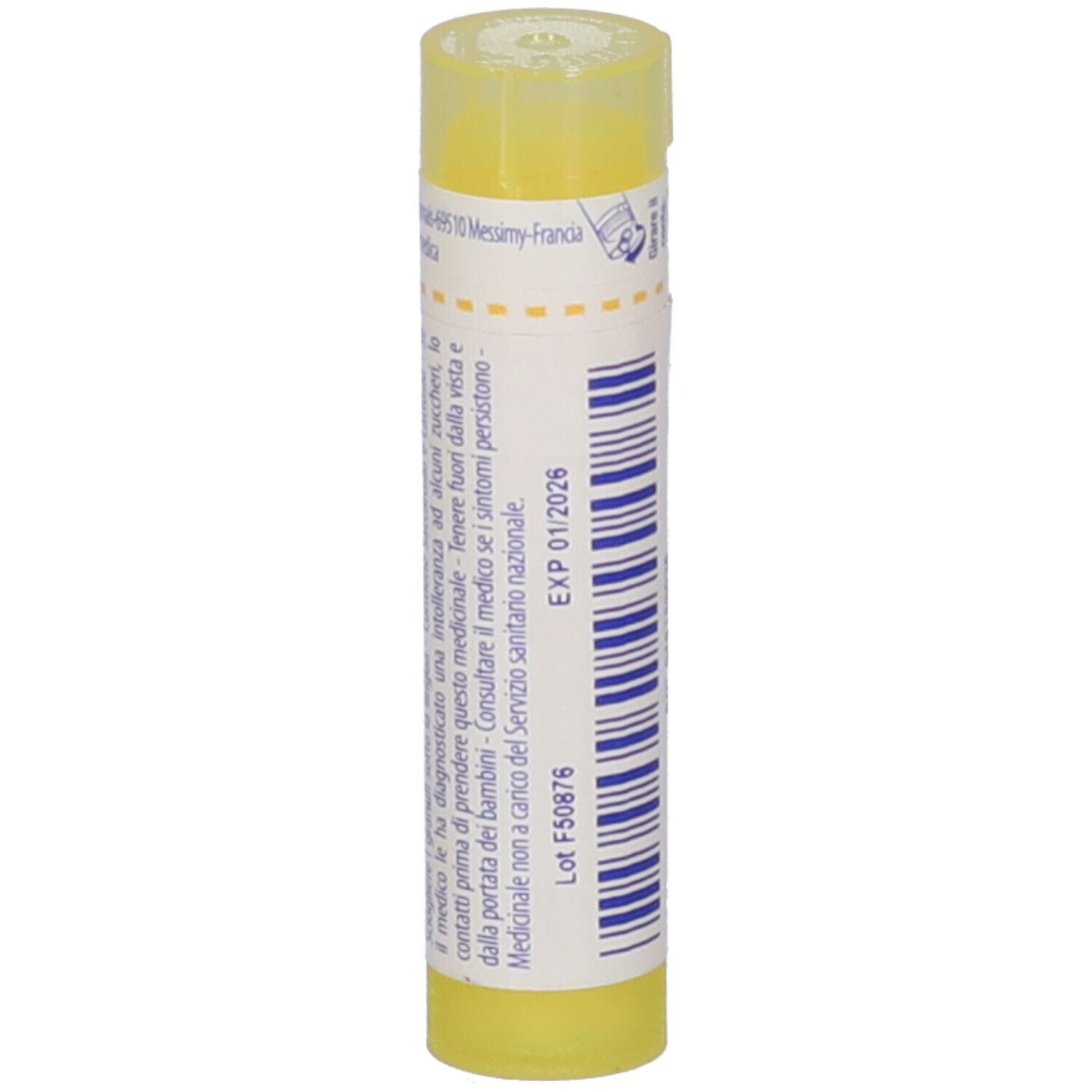 Tubo giallo con granuli. Scritta: EXP 01/2026. Lot F50876. Testo in italiano.