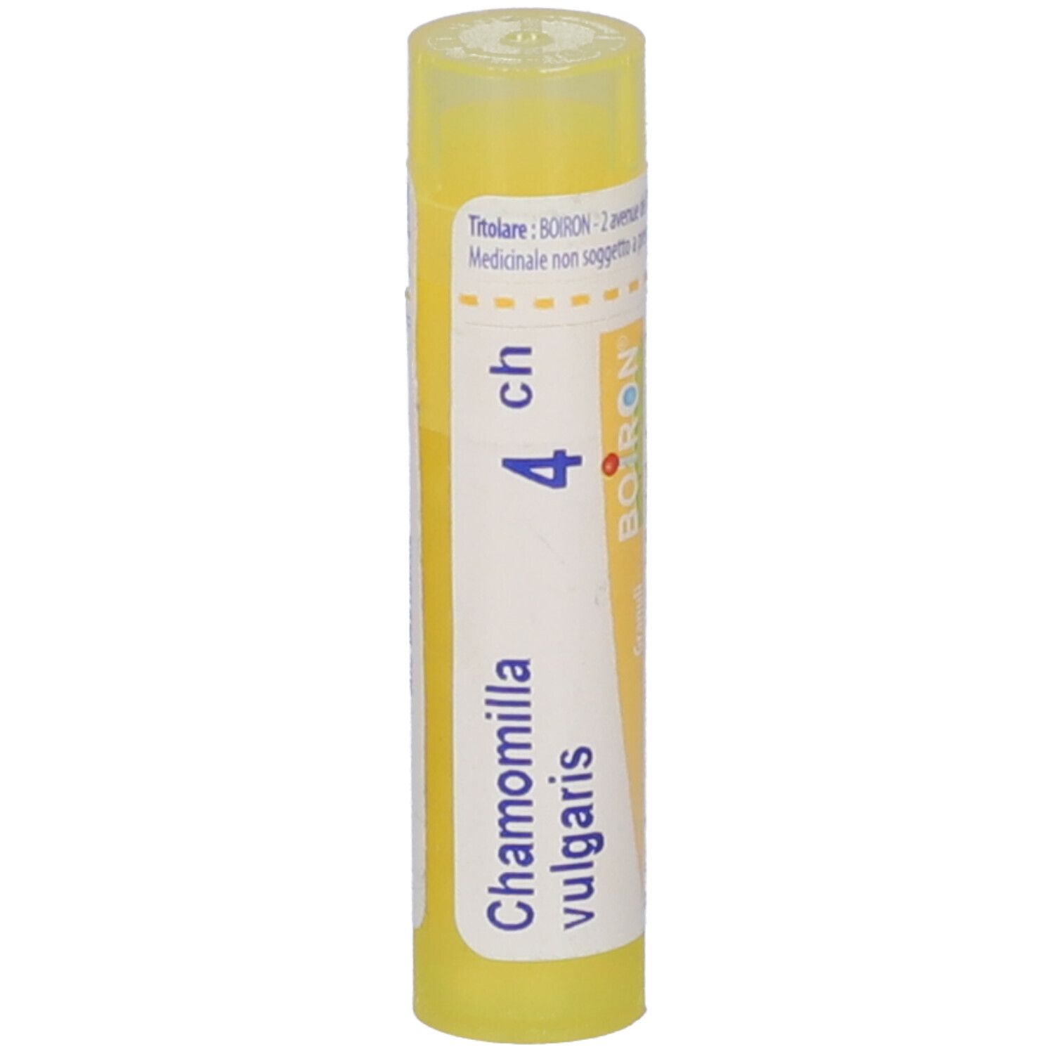 Tubo giallo con granuli. Scritta: Chamomilla vulgaris 4 ch, BOIRON.