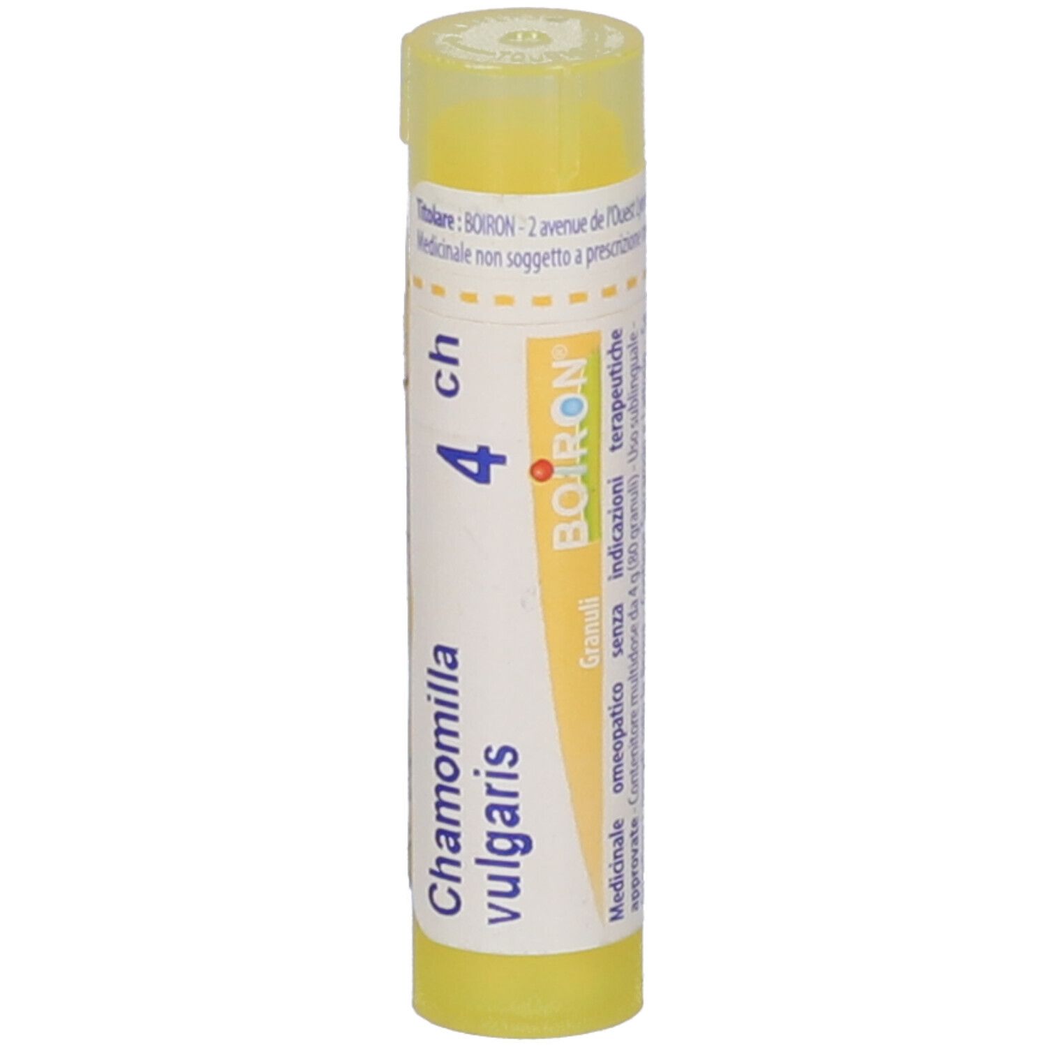 Tubo giallo con granuli. Scritta: Chamomilla vulgaris 4 ch, BOIRON. Testo in italiano.