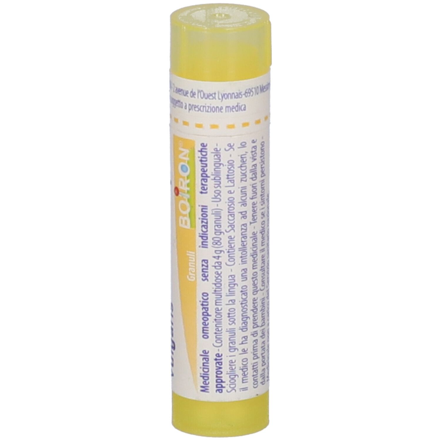 Tubo giallo con granuli. Scritta: BOIRON. Testo in italiano.