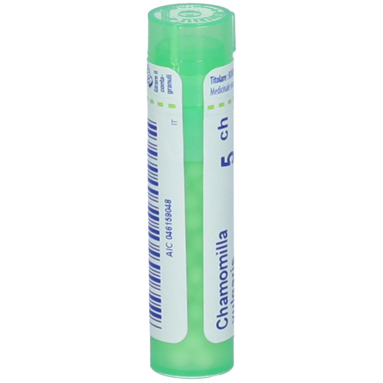 Flacone cilindrico verde. Scritta: Chamomilla, 5 ch. Con codice a barre e codice AIC.