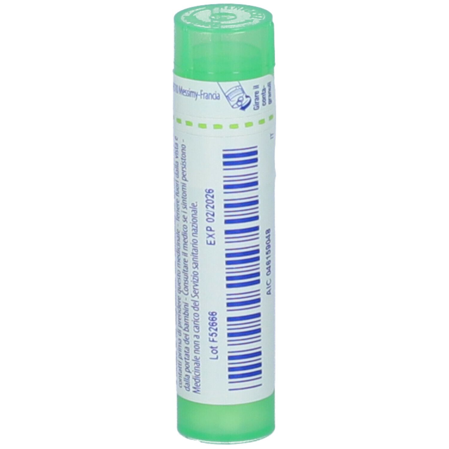 Flacone cilindrico verde. Scritta: EXP 02/2026, Lot F52666. Tappo verde.