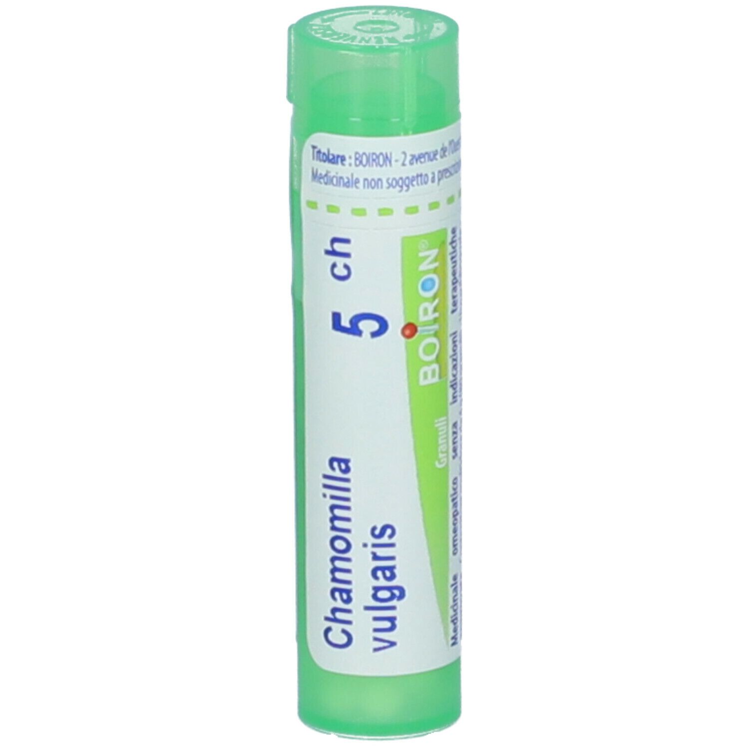 Flacone cilindrico verde. Scritta: Chamomilla vulgaris, 5 ch, BOIRON. Tappo verde.