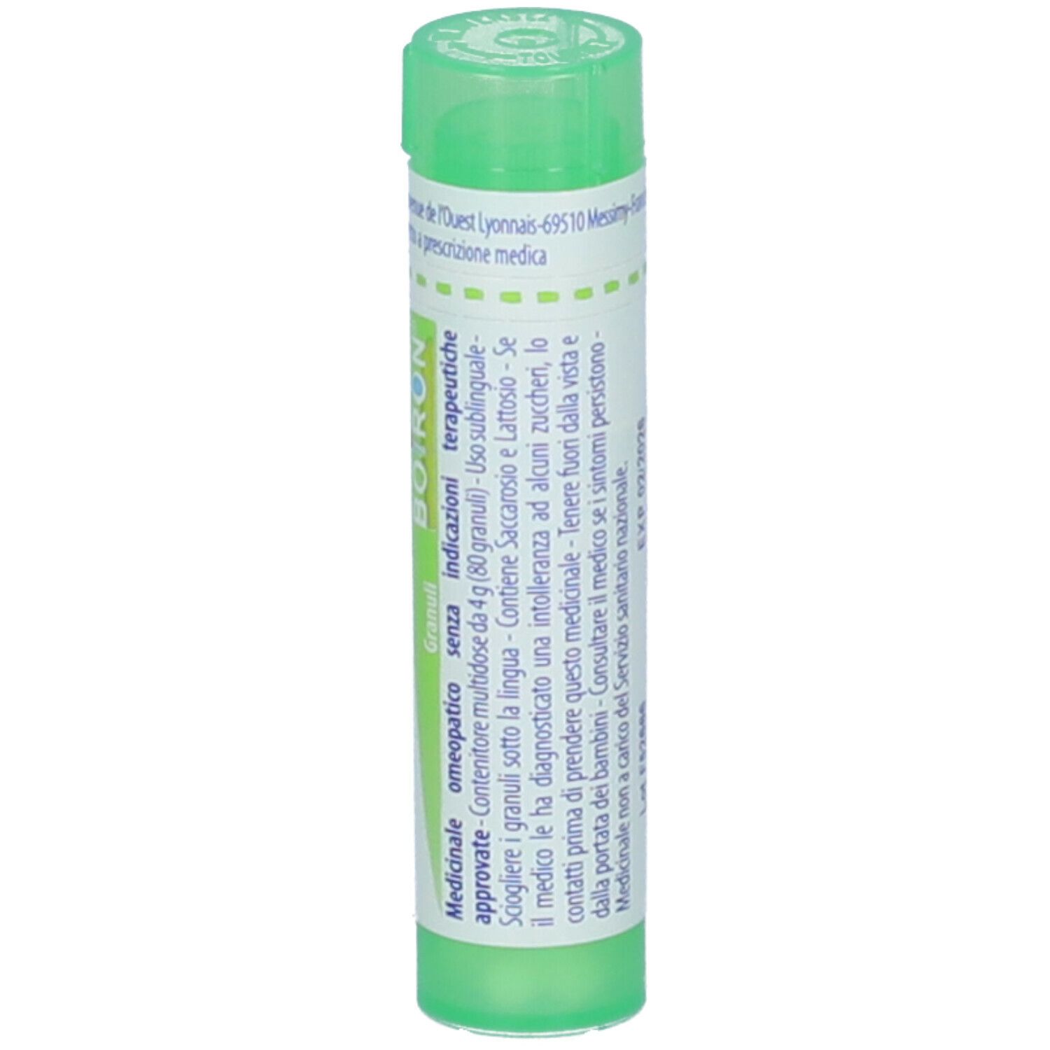 Flacone cilindrico verde. Scritta: BOIRON, 5 ch, Chamomilla vulgaris. Tappo verde.