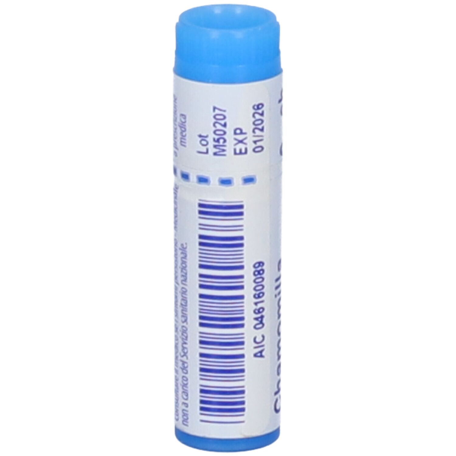 Tubo monodose blu e bianco. Scritta: Chamomilla vulgaris, codice AIC, EXP 01/2026.