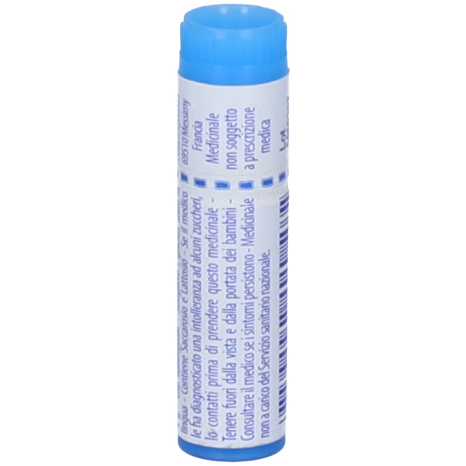 Tubo monodose blu e bianco. Scritta: Informazioni mediche, codice a barre.