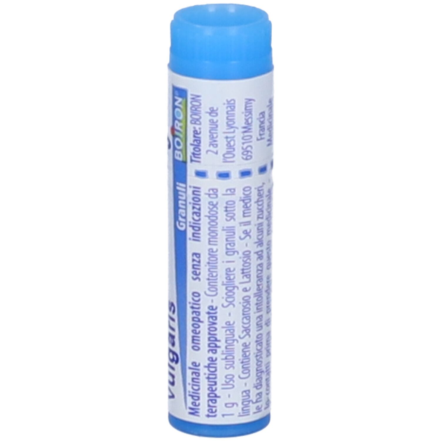 Tubo monodose blu e bianco. Scritta: Chamomilla vulgaris, 9 ch, BOIRON®.