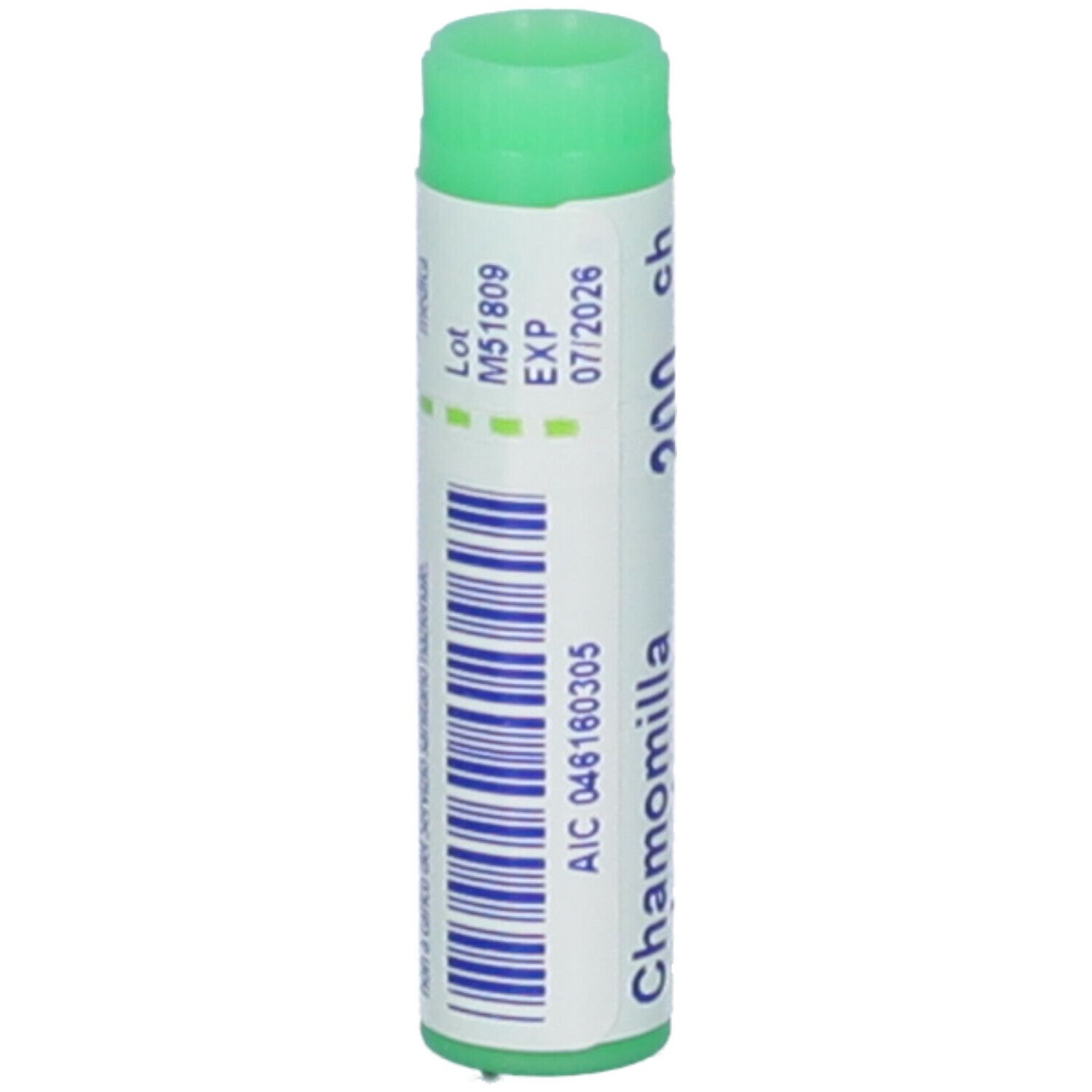 Confezione cilindrica con tappo verde. Scritta: Chamomilla, 200 ch, Lotto, SCAD, Codice AIC.
