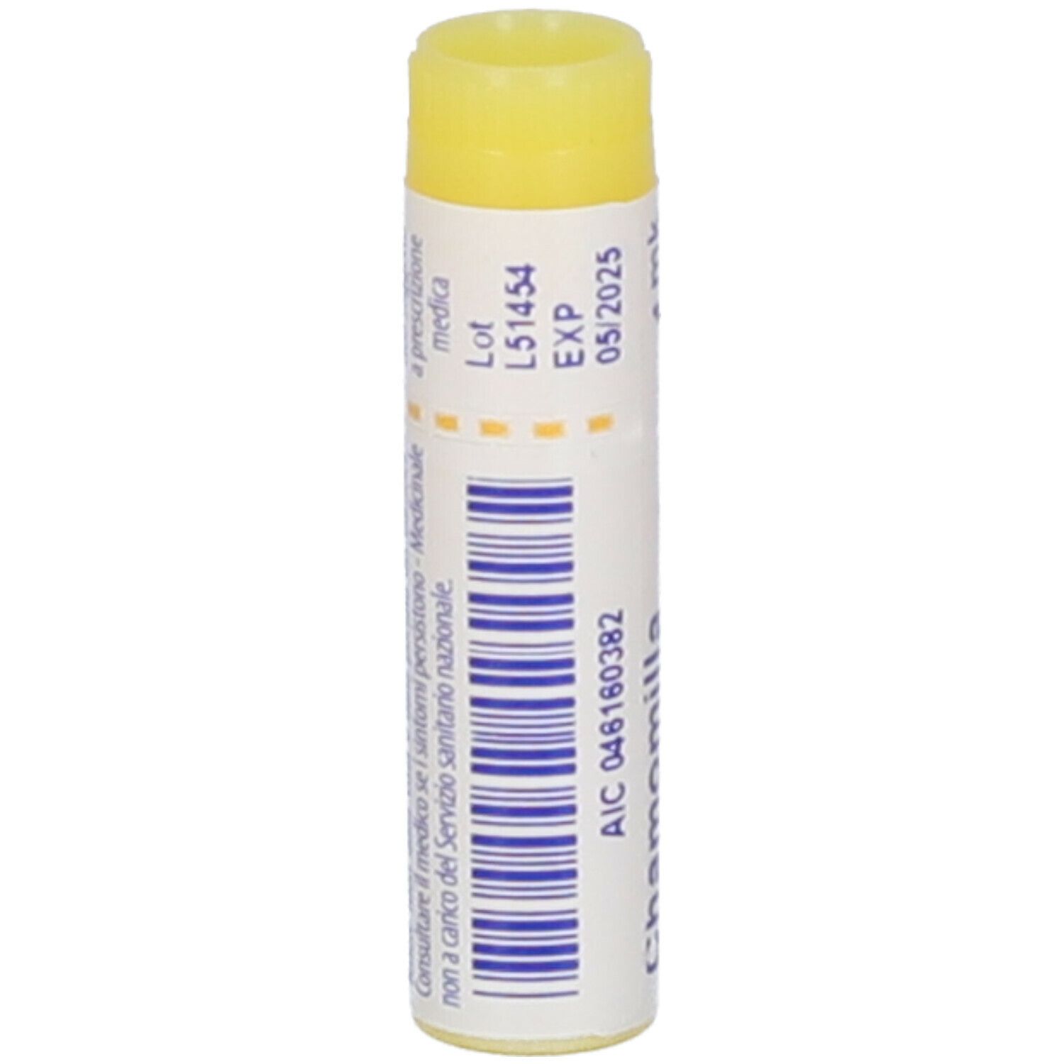 Confezione cilindrica con tappo giallo. Scritta: Chamomilla vulgaris, 1 mk, EXP 05/2025, AIC 046160382.