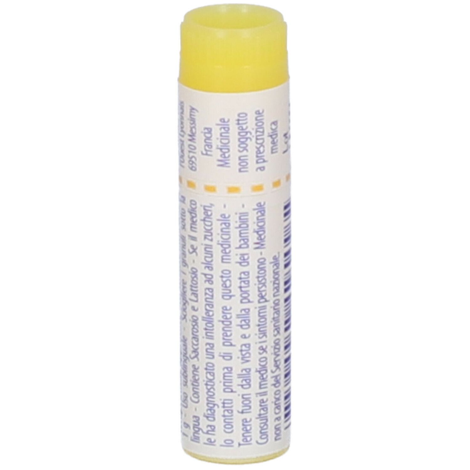 Confezione cilindrica con tappo giallo. Scritta: Chamomilla vulgaris, 1 mk, EXP 05/2025, altre informazioni.