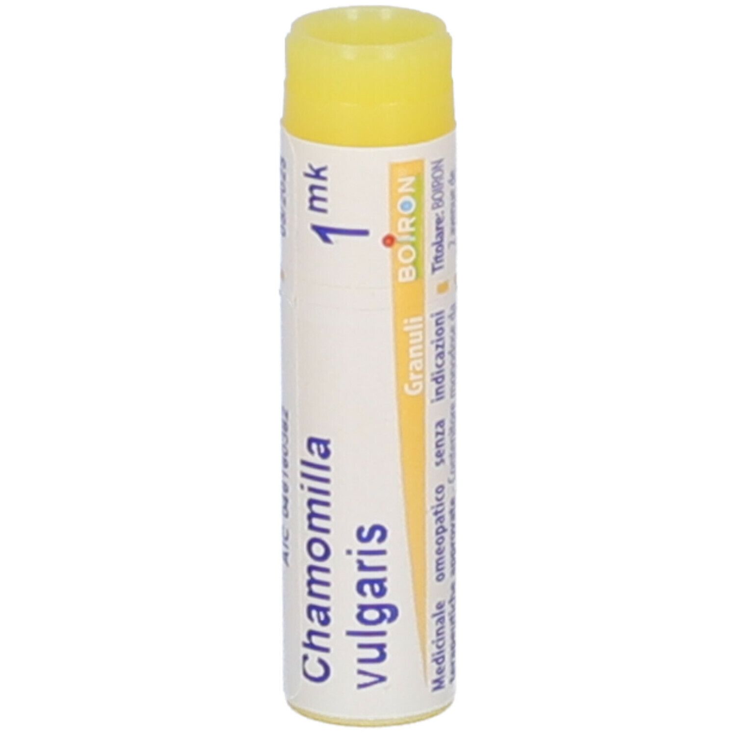 Confezione cilindrica con tappo giallo. Scritta: Chamomilla vulgaris, 1 mk, BOIRON, Granuli, informazioni.