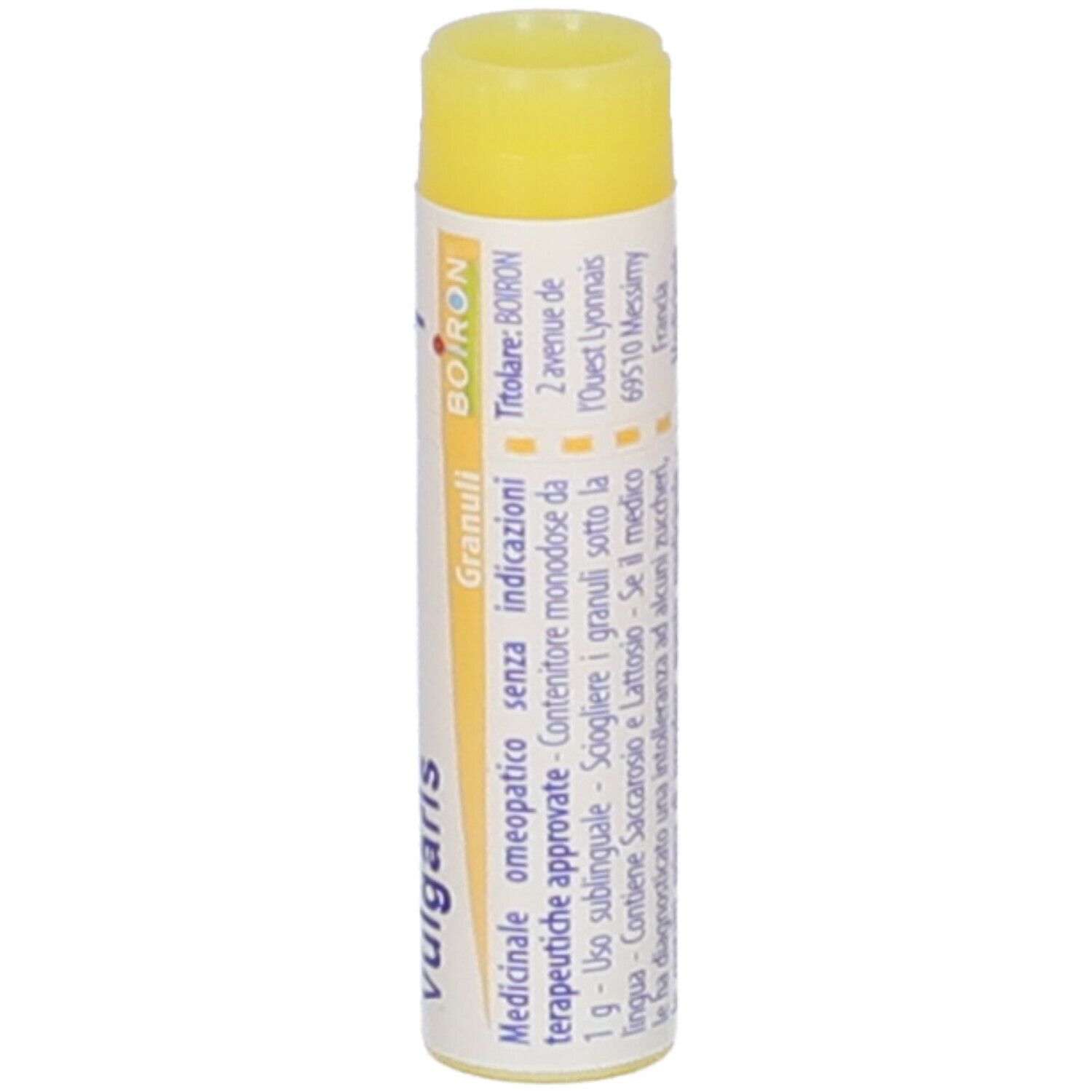 Confezione cilindrica con tappo giallo. Scritta: Chamomilla vulgaris, BOIRON, Granuli, informazioni.