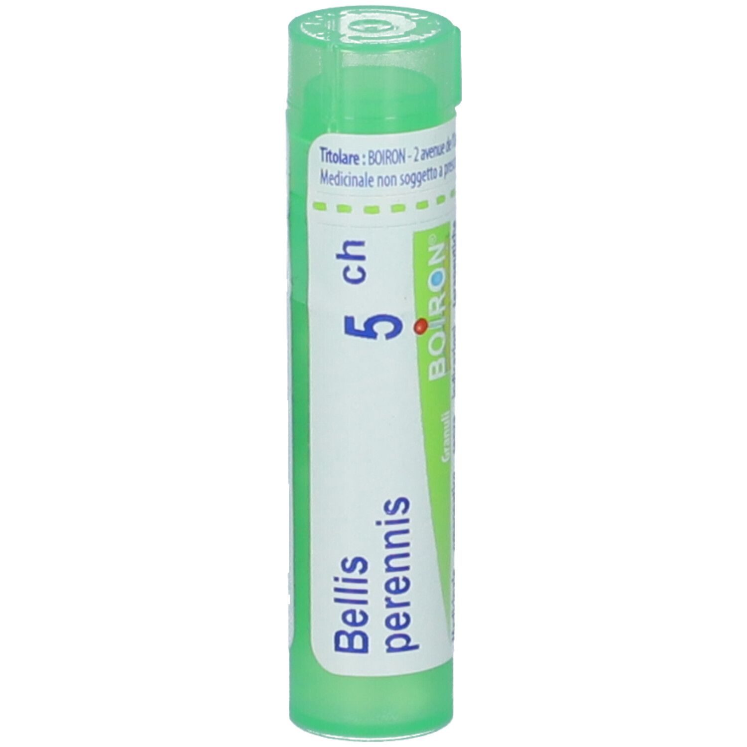 Flacone cilindrico verde con etichetta bianca. Scritta: Bellis perennis, 5 ch, BOIRON. Flacone in piedi.