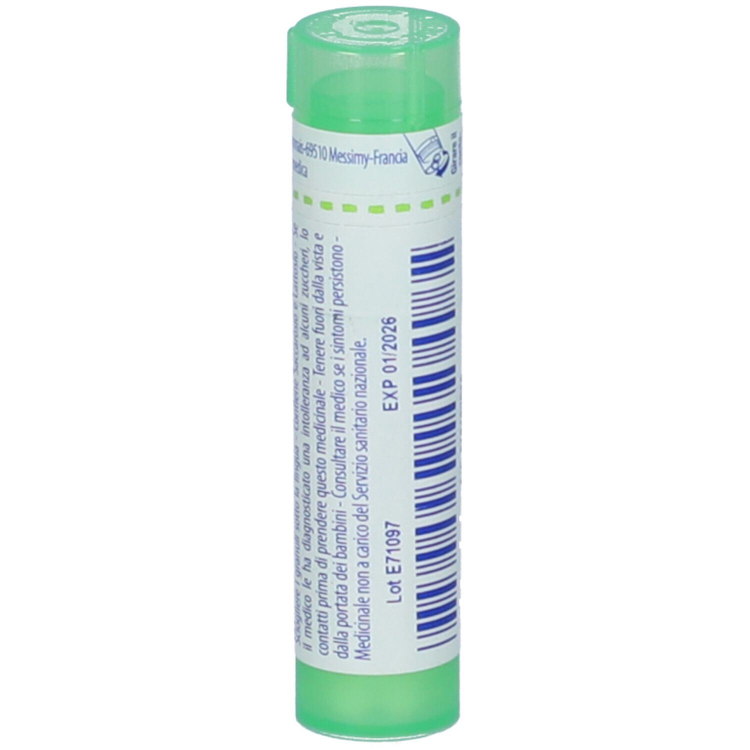 Flacone cilindrico verde con etichetta bianca. Scritta: EXP 01/2026, Lot E71097. Flacone in piedi.