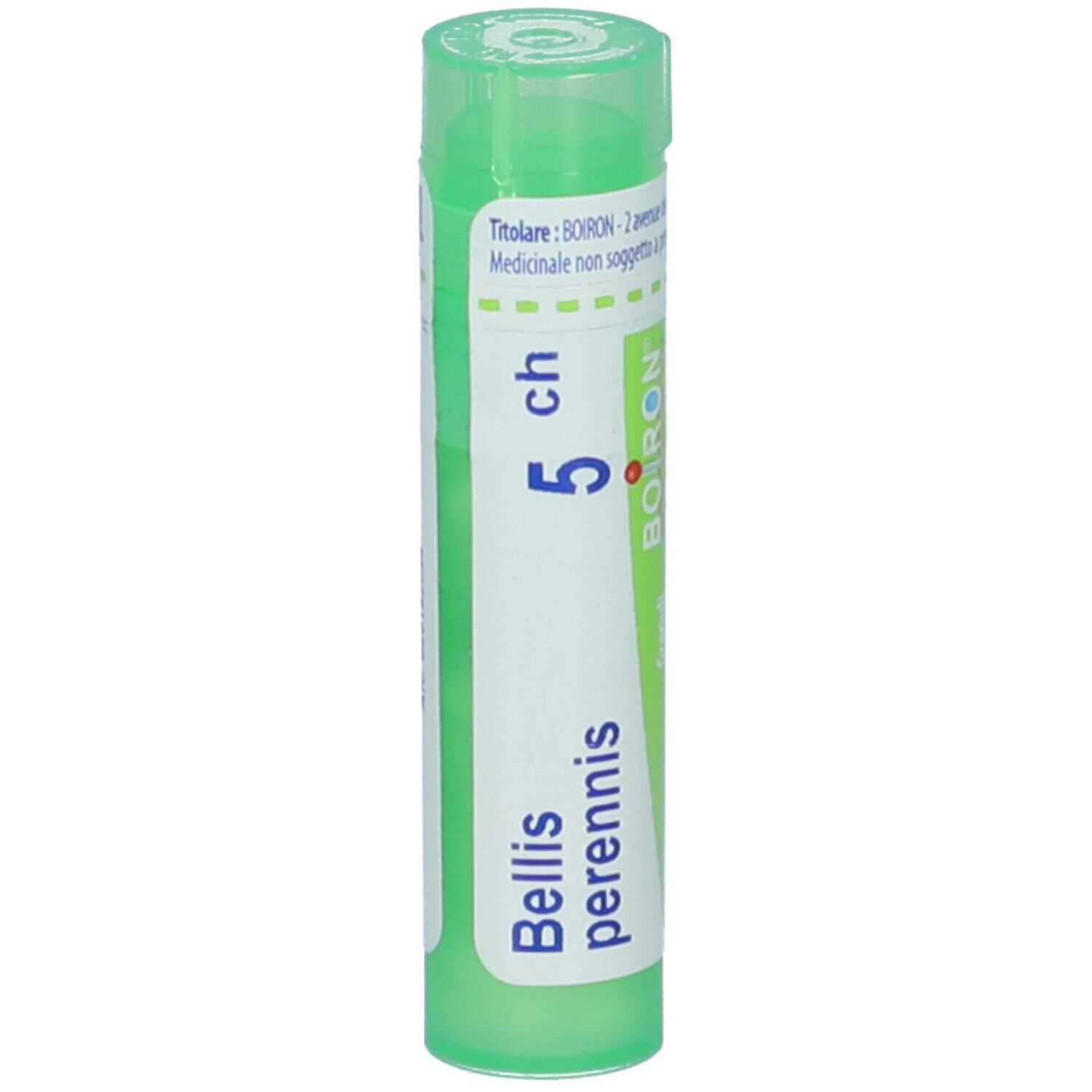 Flacone cilindrico verde con etichetta bianca. Scritta: Bellis perennis, 5 ch, BOIRON. Flacone in piedi.