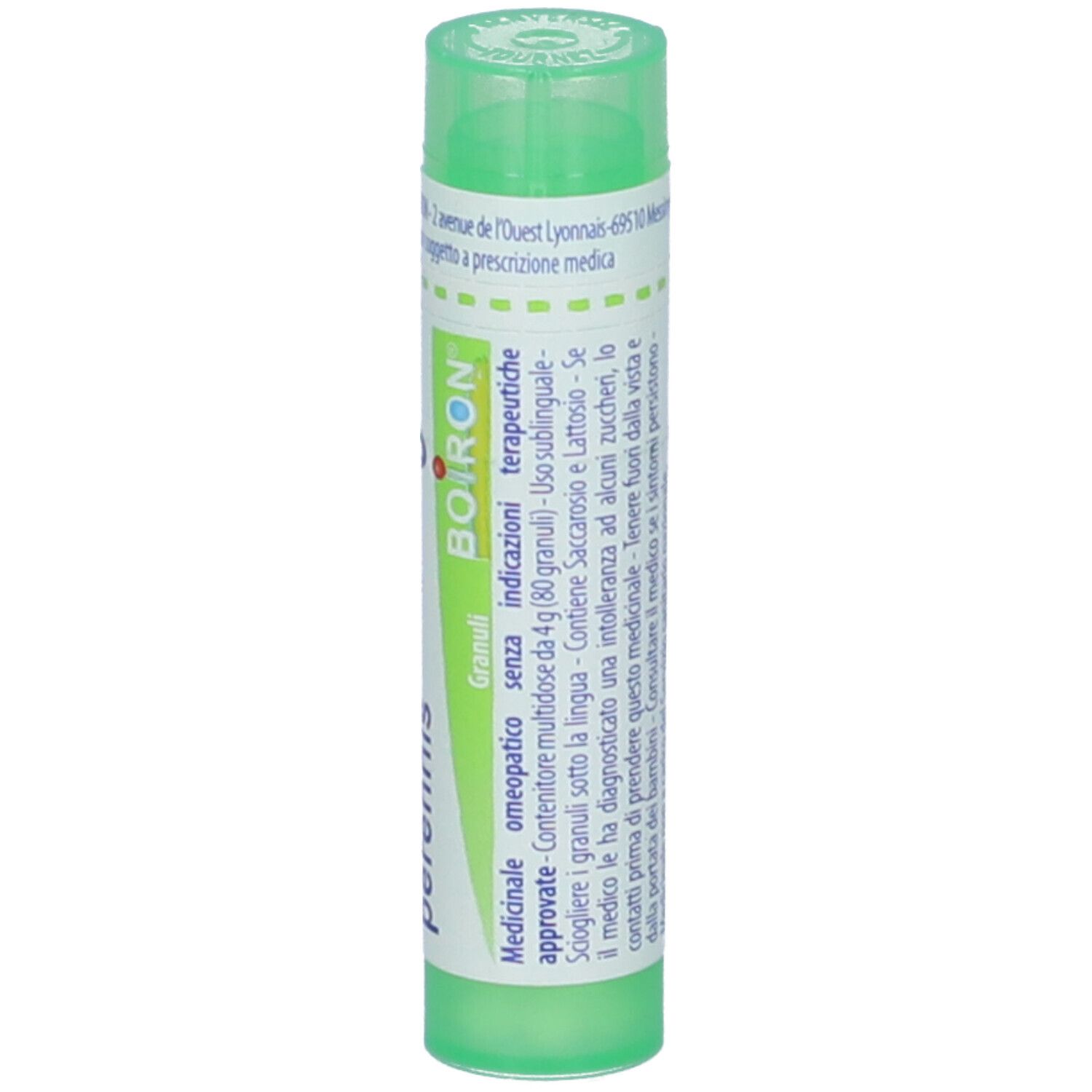 Flacone cilindrico verde con etichetta bianca. Scritta: BOIRON, Granuli, Medicinale omeopatico. Flacone in piedi.