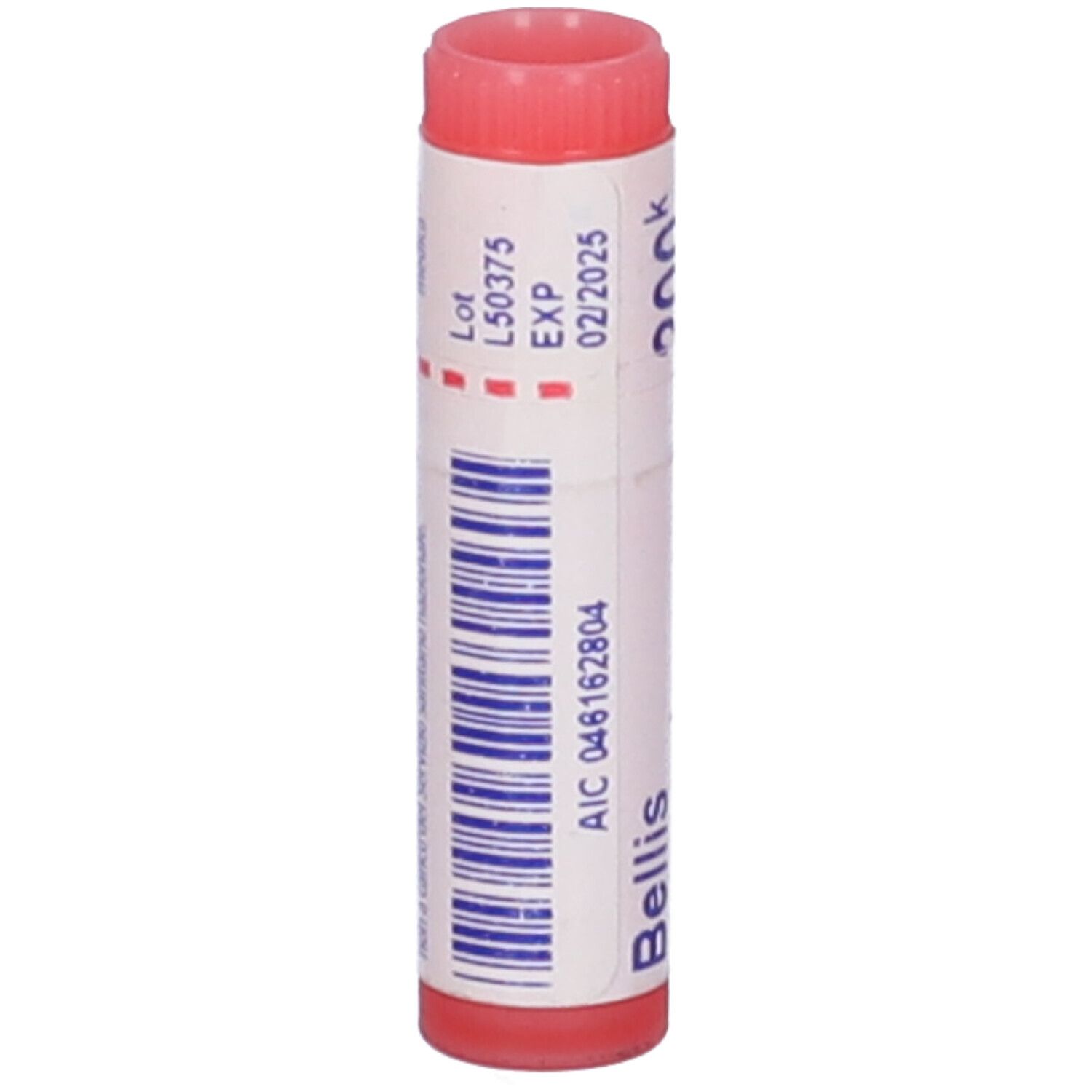 Confezione cilindrica con tappo rosso. Scritta: Bellis, codice AIC, codice a barre, EXP 02/2025.