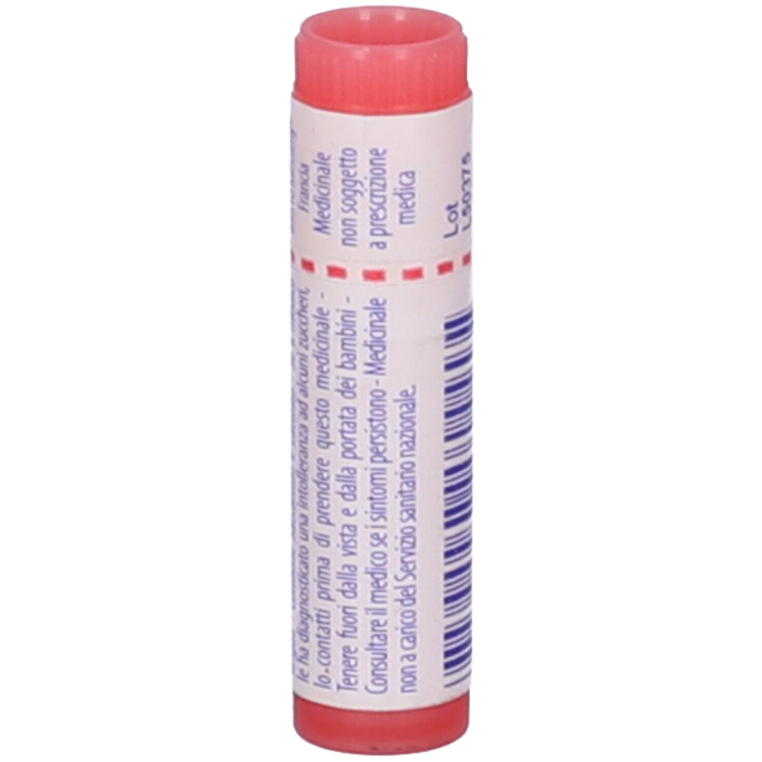 Confezione cilindrica con tappo rosso. Testo: Indicazioni mediche, non soggette a prescrizione.
