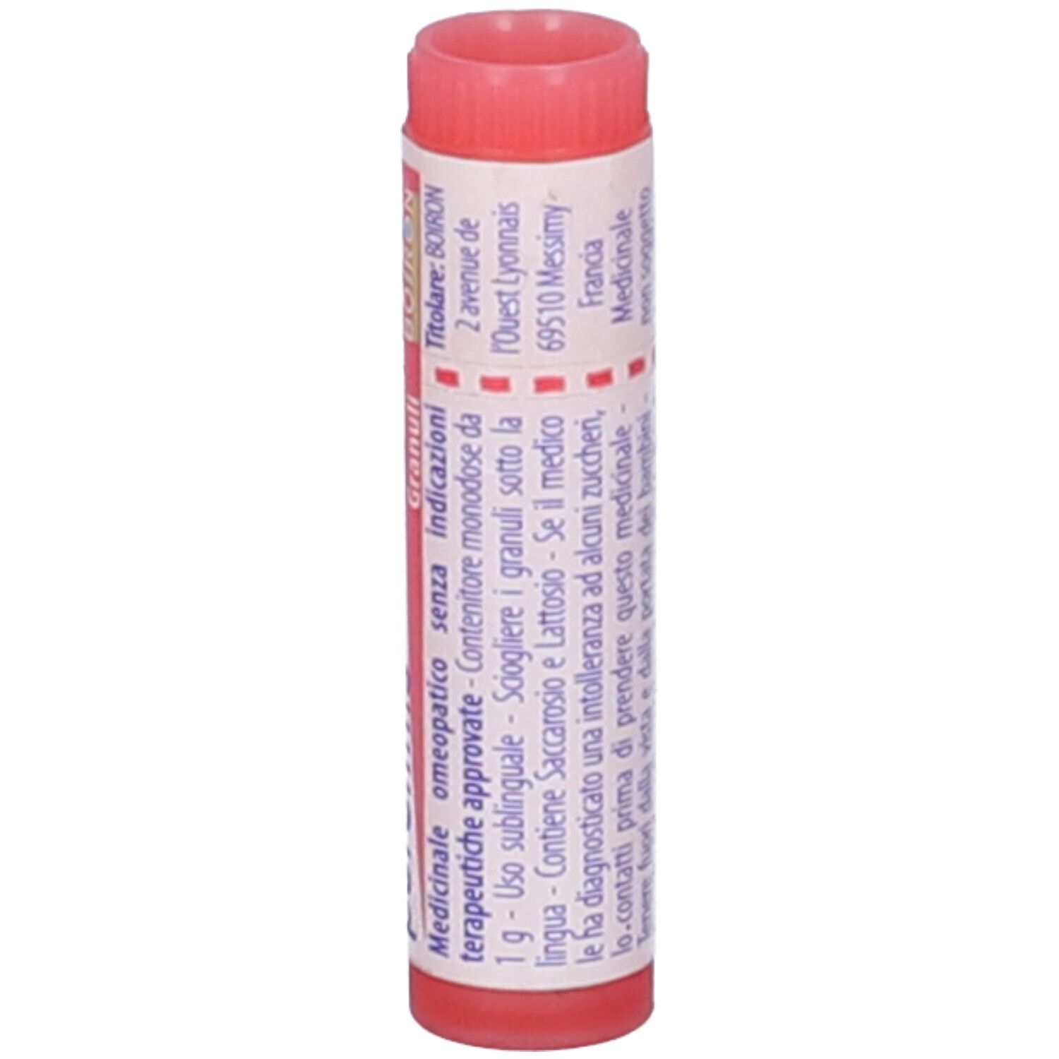 Confezione cilindrica con tappo rosso. Testo: Indicazioni mediche, Granuli, BOIRON, indirizzo.