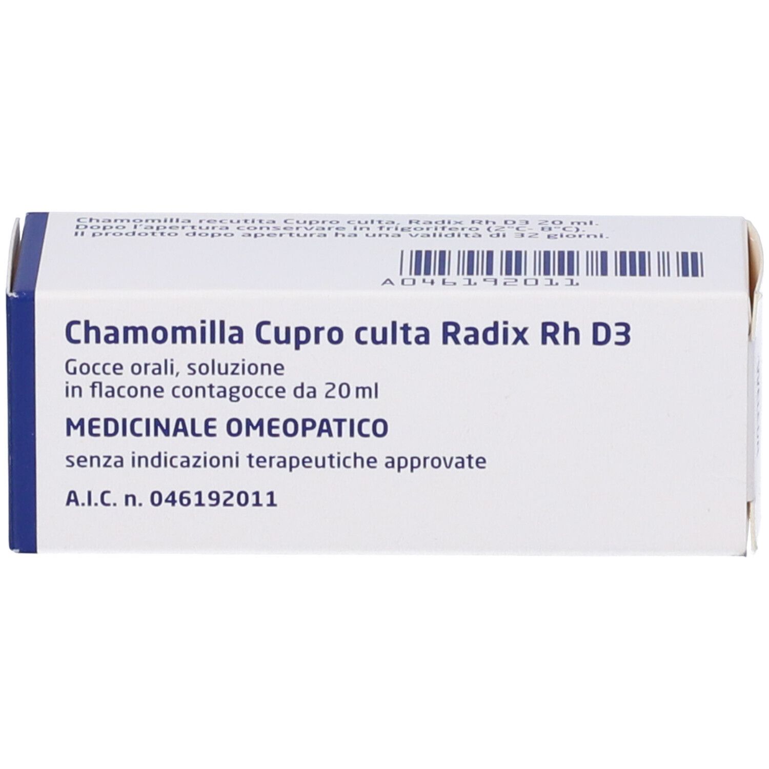 Scatola bianca con testo blu. Mostra informazioni sul prodotto, tra cui nome e dosaggio.