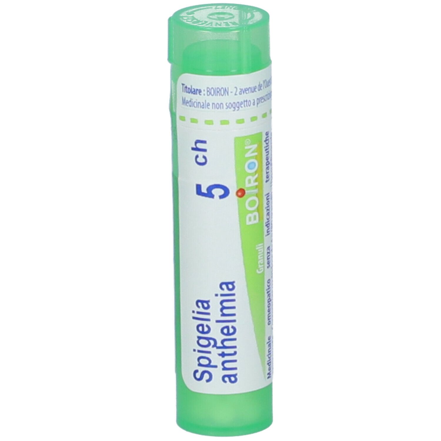 Confezione cilindrica verde di Spigelia anthelmia 5ch Granuli. Etichetta bianca con informazioni e logo Boiron.