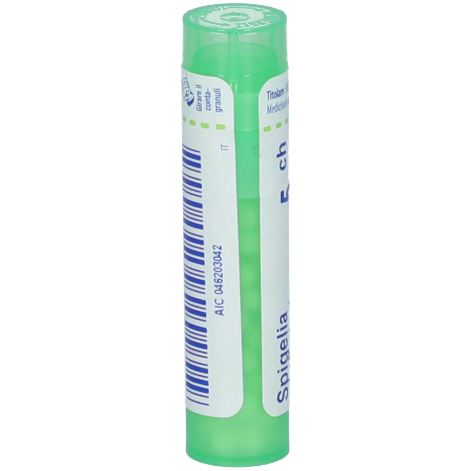 Confezione cilindrica verde di Spigelia anthelmia 5ch Granuli. Retro con codice a barre e informazioni.