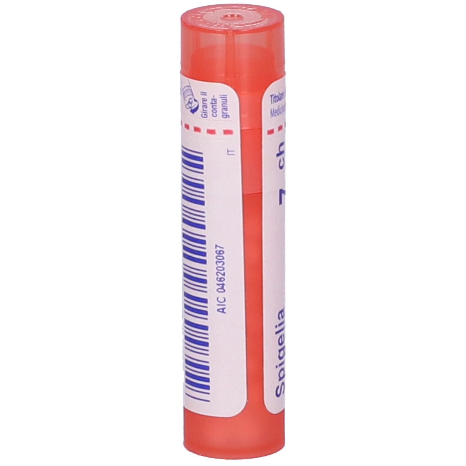 Contenitore cilindrico arancione con codice a barre e scritta: Spigelia. Tappo rosso.