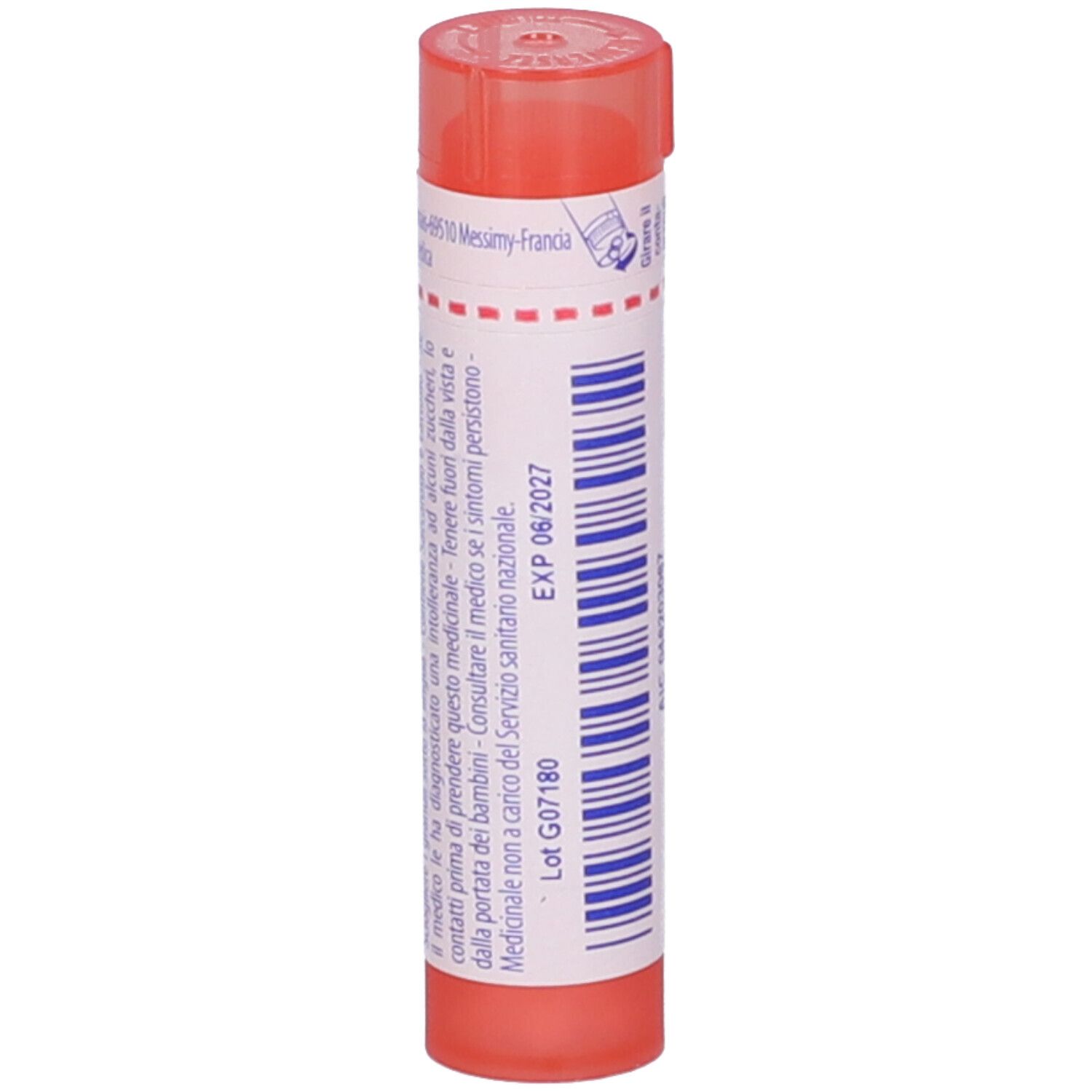 Contenitore cilindrico arancione con testo. Scritta: EXP 06/2027. Tappo rosso.