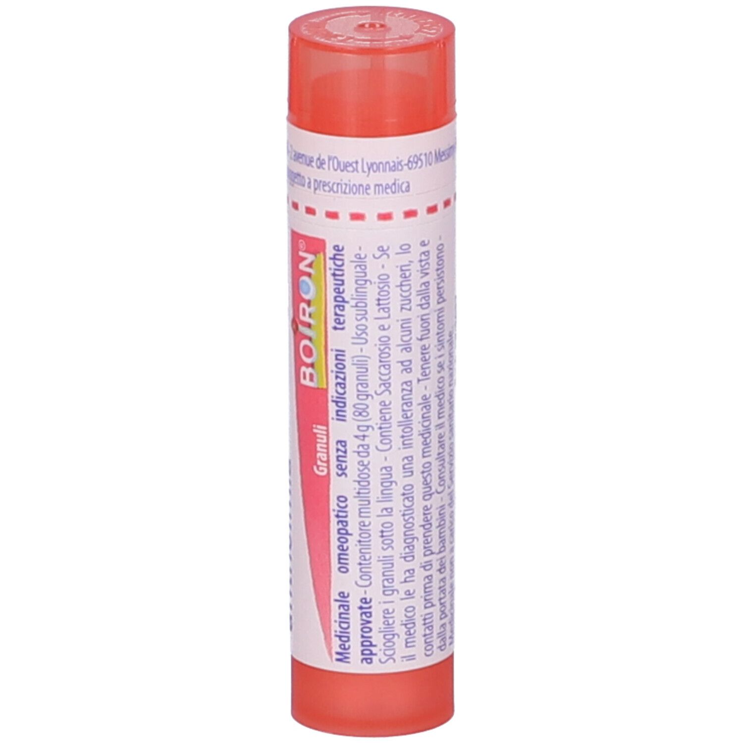 Contenitore cilindrico arancione con testo. Scritta: BOIRON. Tappo rosso.