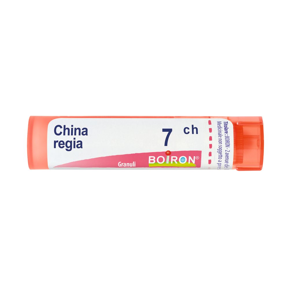 Confezione cilindrica arancione con etichetta bianca. Scritta: China regia 7 ch, Boiron. Granuli.