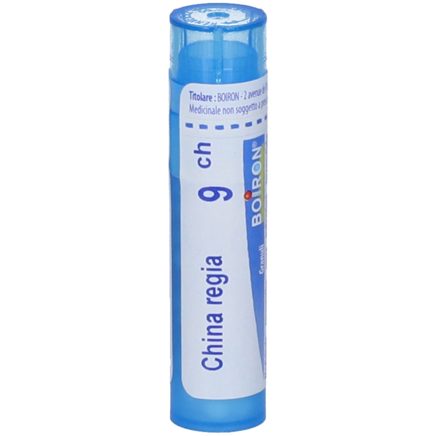 Confezione cilindrica blu. Scritta: China regia 9 ch, BOIRON, Granuli.